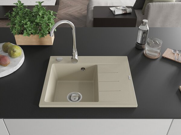 Mexen Ben, 1-komorový granitový dřez 600x500x190 mm, levý+ chromový sifon, béžová, 6522605000-69