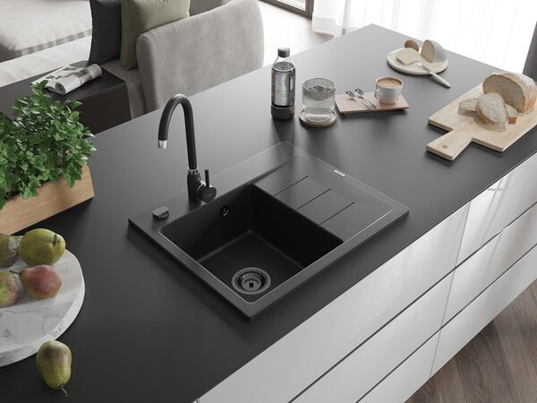 Mexen Ben, 1-komorový granitový dřez 600x500x190 mm, levý + černý sifon, černá, 6522605000-77-B