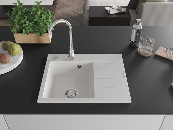 Mexen Ben, 1-komorový granitový dřez 600x500x190 mm, levý+ chromový sifon, bílá, 6522605000-20