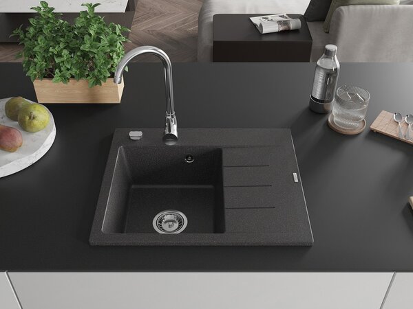 Mexen Ben, 1-komorový granitový dřez 600x500x190 mm, levý+ chromový sifon, černá skvrnitá, 6522605000-76