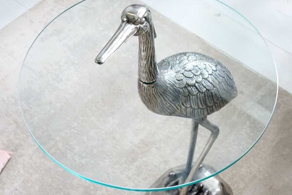 Designový kulatý příruční stolek Ardea se skulpturální podstavou ve tvaru volavky ve stříbrné barvě 88 cm