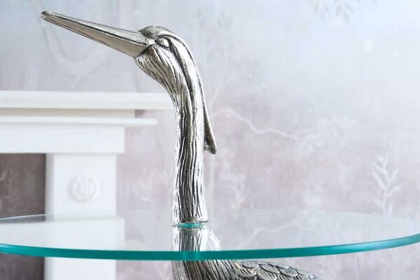 Designový kulatý příruční stolek Ardea se skulpturální podstavou ve tvaru volavky ve stříbrné barvě 88 cm