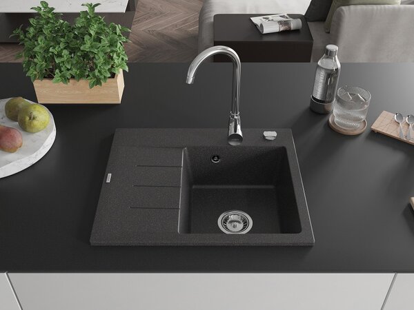Mexen Ben, 1-komorový granitový dřez 600x500x190 mm, pravý + chromový sifon, černá skvrnitá, 6523605000-76