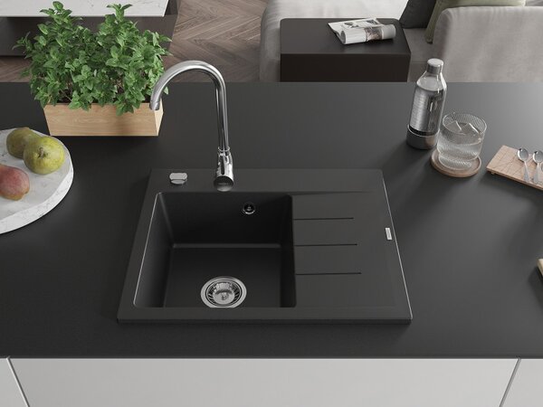 Mexen Ben, 1-komorový granitový dřez 600x500x190 mm, levý+ chromový sifon, černý, 6522605000-77