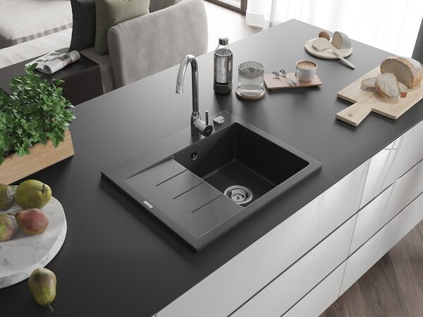 Mexen Ben, 1-komorový granitový dřez 600x500x190 mm, pravý + chromový sifon, černá skvrnitá, 6523605000-76