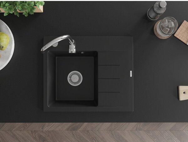 Mexen Ben, 1-komorový granitový dřez 600x500x190 mm, levý+ chromový sifon, černý, 6522605000-77