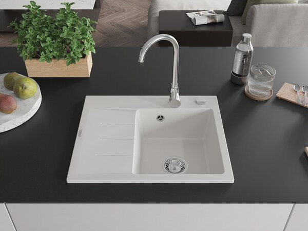 Mexen Ben, 1-komorový granitový dřez 600x500x190 mm, pravý + chromový sifon, bílá, 6523605000-20