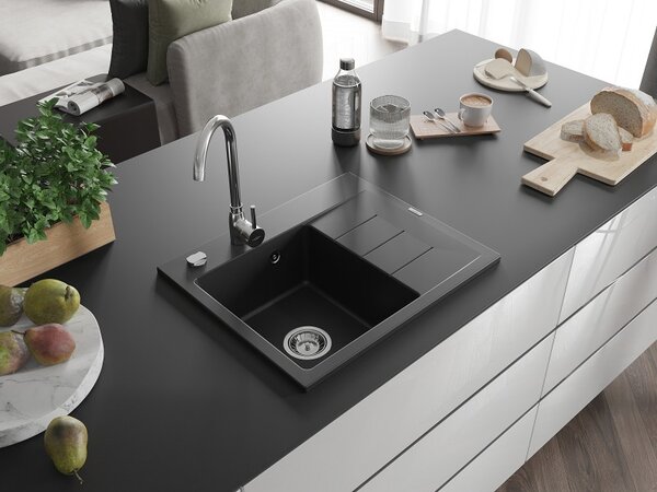 Mexen Ben, 1-komorový granitový dřez 600x500x190 mm, levý+ chromový sifon, černý, 6522605000-77