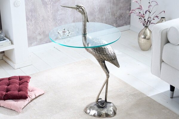 Designový kulatý příruční stolek Ardea se skulpturální podstavou ve tvaru volavky ve stříbrné barvě 88 cm