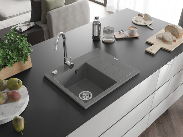 Mexen Ben, 1-komorový granitový dřez 600x500x190 mm, levý+ chromový sifon, šedá, 6522605000-71