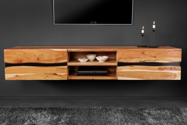Masivní závěsný TV stolek Amazonas z akáciového dřeva s černým industriálním dekorativním prvkem medová hnědá 160 cm