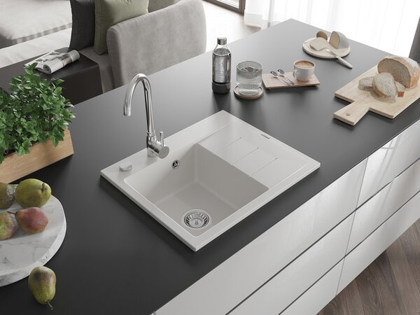 Mexen Ben, 1-komorový granitový dřez 600x500x190 mm, levý+ chromový sifon, bílá, 6522605000-20
