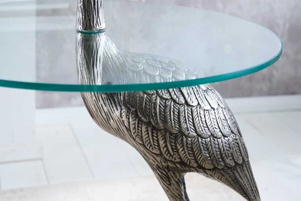 Designový kulatý příruční stolek Ardea se skulpturální podstavou ve tvaru volavky ve stříbrné barvě 88 cm