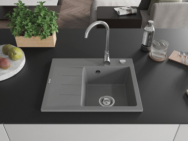 Mexen Ben, 1-komorový granitový dřez 600x500x190 mm, pravý + chromový sifon, šedá, 6523605000-71