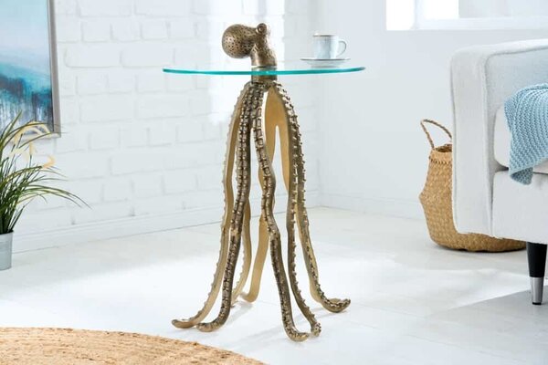 Designový kulatý příruční stolek Polbitta s podstavou ve tvaru chobotnice ve zlaté barvě a skleněnou vrchní deskou 67 cm