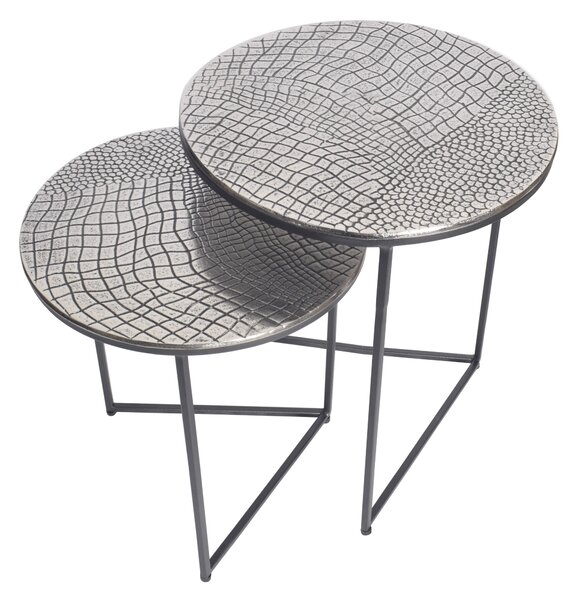 Designový set kulatých příručních stolků Gustave s ručním zdobením se vzorem krokodýlí kůže starožitná stříbrná 49 cm