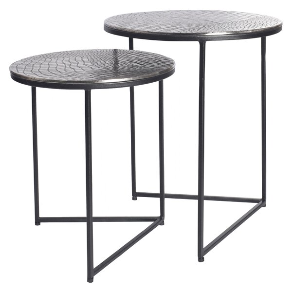 Designový set kulatých příručních stolků Gustave s ručním zdobením se vzorem krokodýlí kůže starožitná stříbrná 49 cm