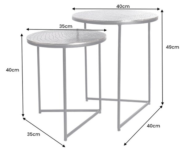 Designový set kulatých příručních stolků Gustave s ručním zdobením se vzorem krokodýlí kůže starožitná stříbrná 49 cm