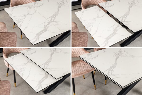 Rozkládací obdélníkový jídelní stůl Ceramia s bílou deskou s designem mramoru as černýma zkříženýma nohama 180 cm