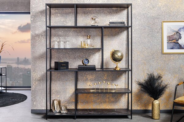 Industriální regál Industria Marble s policemi s mramorovým designem v antracitové černé barvě 185 cm