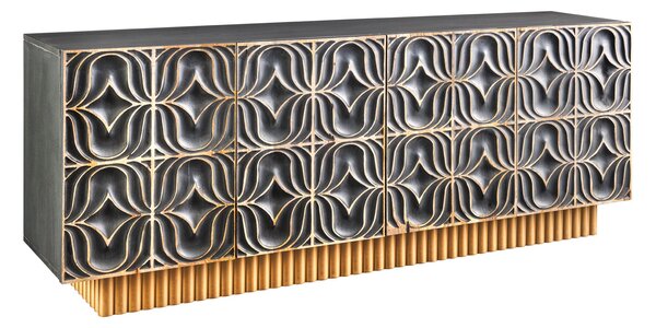 Luxusní šedo zlatý art deco čtyřdveřový příborník Arix s vyřezávaným ornamentálním zdobením 177 cm