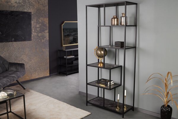 Industriální černý regál Industria Marble v antracitovém odstínu a policemi s mramorovým designem 185 cm