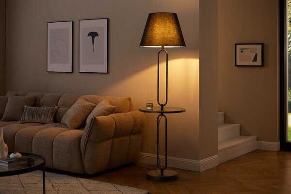 Designová industriální černá stojací lampa Bucky s odkládacím stolkem 175 cm