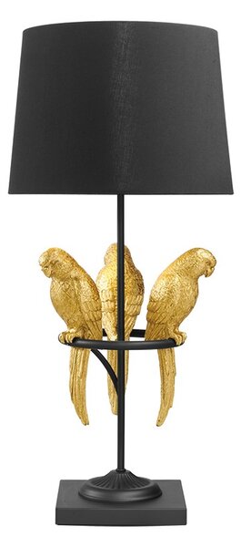 Designová černá art deco stolní lampa Macaw se třemi figurami papoušků ve zlaté barvě 75 cm