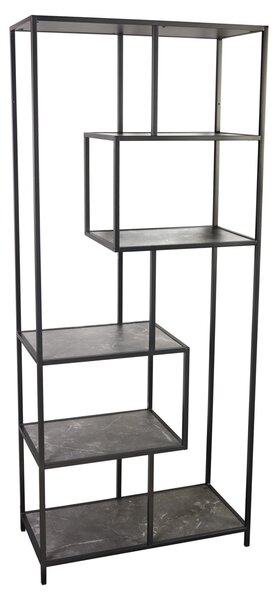 Industriální černý regál Industria Marble v antracitovém odstínu a policemi s mramorovým designem 185 cm