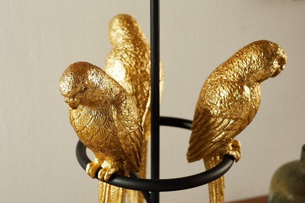 Designová černá art deco stolní lampa Macaw se třemi figurami papoušků ve zlaté barvě 75 cm