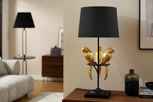 Designová černá art deco stolní lampa Macaw se třemi figurami papoušků ve zlaté barvě 75 cm