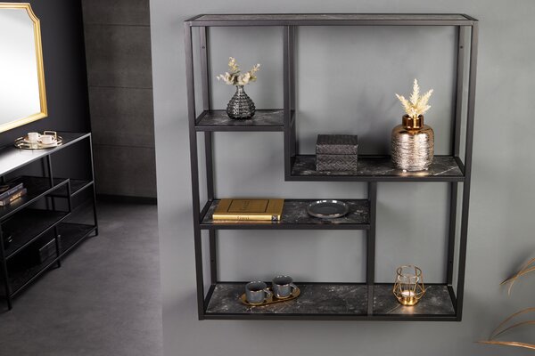 Industriální nástěnný regál Industria Marble v antracitové černé barvě s policemi s mramorovým designem 75 cm