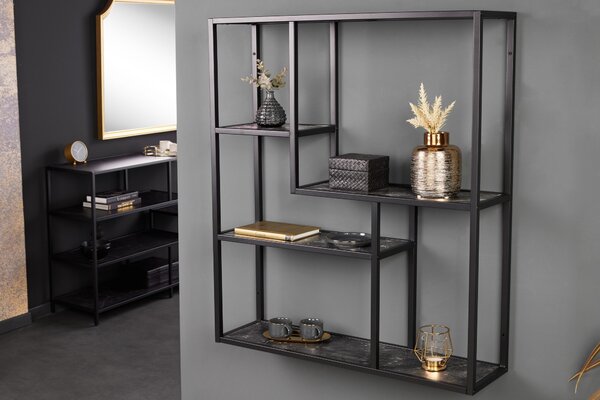 Industriální nástěnný regál Industria Marble v antracitové černé barvě s policemi s mramorovým designem 75 cm