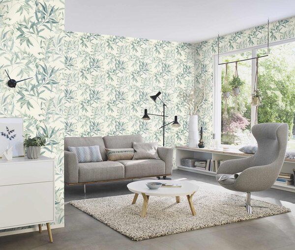 RASCH | Vliesová tapeta na zeď Liverna 417340 | 0,53 x 10,05 m | vining ivy, tyrkysová, bílá