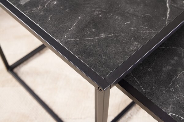 Industriální antracitový černý set čtvercových konferenčních stolků Industria Marble s mramorovým designem 45 cm