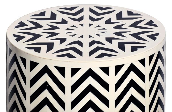 Designový kulatý bílo černý příruční stolek Bone Inlay s geometrickým vzorováním s intarzi z kosti 46 cm