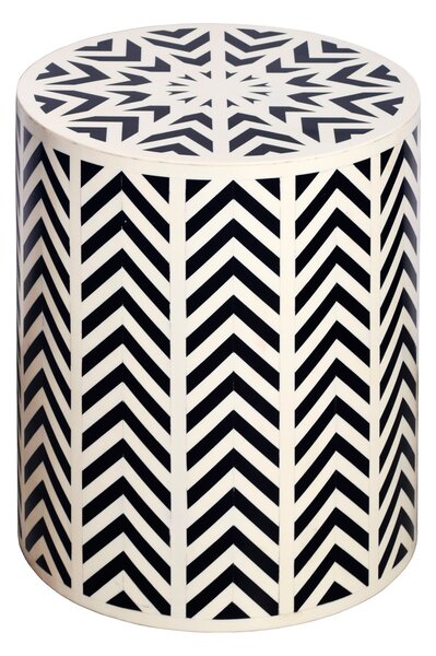 Designový kulatý bílo černý příruční stolek Bone Inlay s geometrickým vzorováním s intarzi z kosti 46 cm