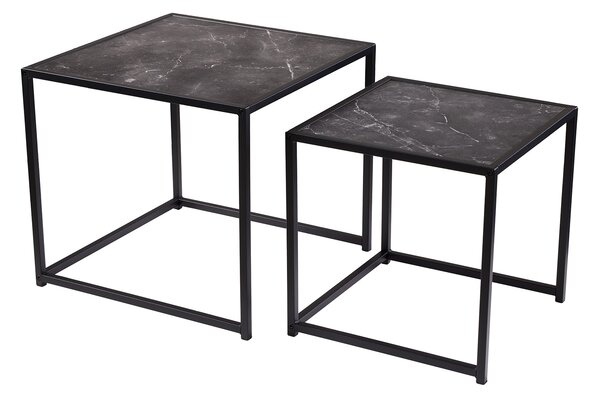 Industriální antracitový černý set čtvercových konferenčních stolků Industria Marble s mramorovým designem 45 cm