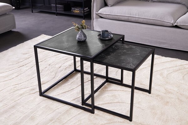 Industriální antracitový černý set čtvercových konferenčních stolků Industria Marble s mramorovým designem 45 cm