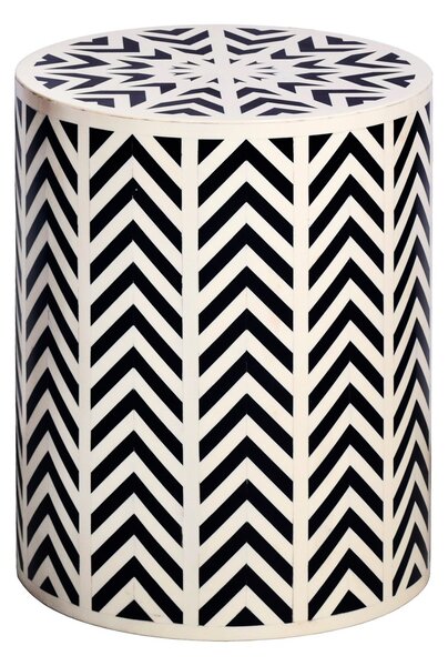 Designový kulatý bílo černý příruční stolek Bone Inlay s geometrickým vzorováním s intarzi z kosti 46 cm