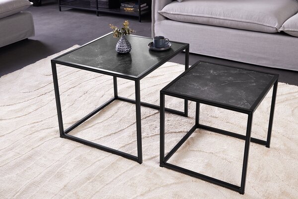 Industriální antracitový černý set čtvercových konferenčních stolků Industria Marble s mramorovým designem 45 cm