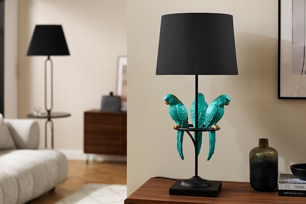 Designová stolní lampa Macaw v černé barvě se třemi tyrkysovými figurami papoušků 75 cm