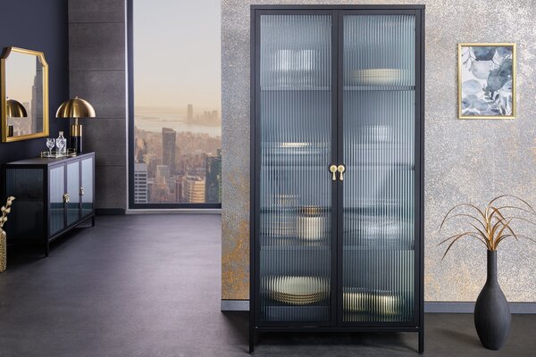 Industriální moderní černá vitrína Industria Durante se dvěma dvířky s žebrovaným sklem 160 cm