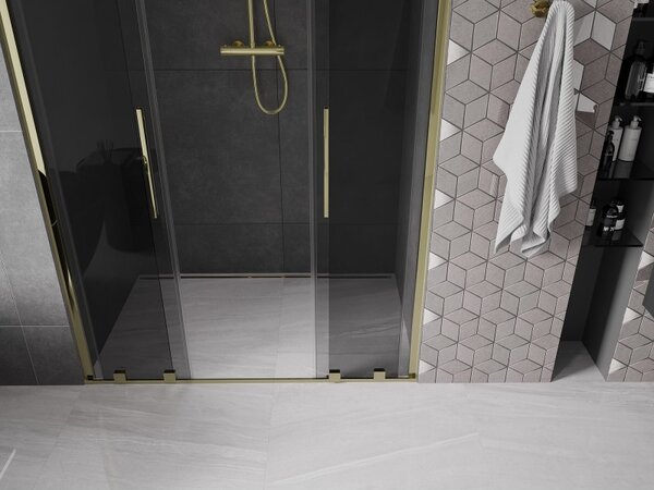 Mexen Velar Duo, posuvné sprchové dveře do otvoru 140 cm, 8mm šedé sklo, zlatá lesklá, 871-140-000-42-50