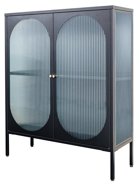 Moderní černá industriální barová skříňka Industria Durante s dvojitými dvířky s žebrovaným sklem 110 cm