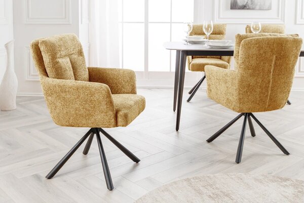 Designová retro otočná židle Dover s hořčicově žlutým čalouněním a vysokou zádovou opěrkou 92 cm
