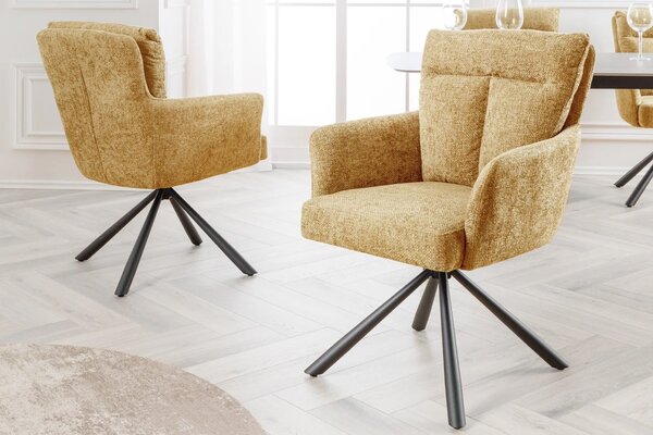 Designová retro otočná židle Dover s hořčicově žlutým čalouněním a vysokou zádovou opěrkou 92 cm