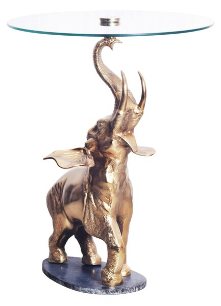 Designový zlatý glamour příruční stolek Balarama s figurou slona a skleněnou vrchní deskou 75 cm