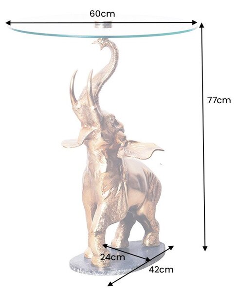 Designový zlatý glamour příruční stolek Balarama s figurou slona a skleněnou vrchní deskou 75 cm