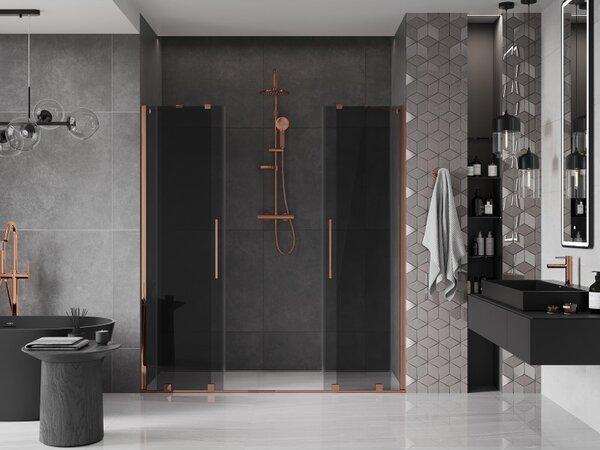 Mexen Velar Duo, posuvné sprchové dveře do otvoru 200 cm, 8mm šedé sklo, růžové zlato, 871-200-000-42-60